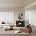 Modern Living Room Interior With White Sofa Floor-to-Ceiling Windows Curtains And Abstract Wall Art