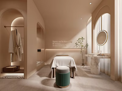 Elegant SPA Sauna Interior With Arched Doorways Robe Massage Table Marble Sink Round Mirror 3d model