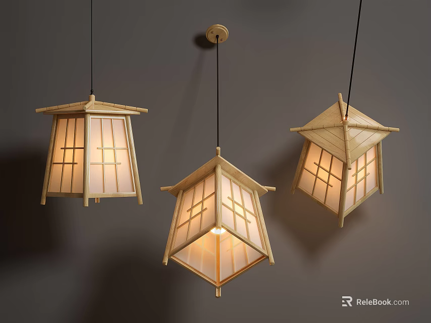 Traditional Light Wood Pendant Lights With Lattice Design Hanging On Gray Wall 3d model 