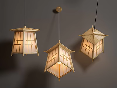 Traditional Light Wood Pendant Lights With Lattice Design Hanging On Gray Wall 3d model