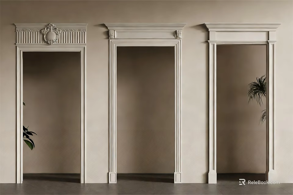 Three Elegant White Decorative Door Frames With Ornate Tops And Green Plants 3d model 