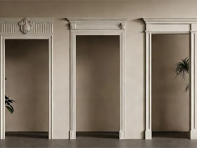 Three Elegant White Decorative Door Frames With Ornate Tops And Green Plants 3d model