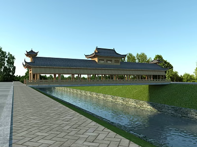 Historic Chinese Stone Bridge With Traditional Pavilion Roof Over River And Green Trees 3d model