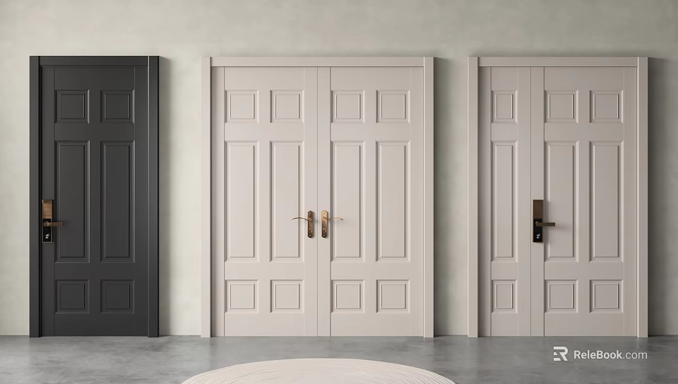 White Double Doors with Panel Design Golden Black Handles Light Gray Walls Gray Flooring 3d model 