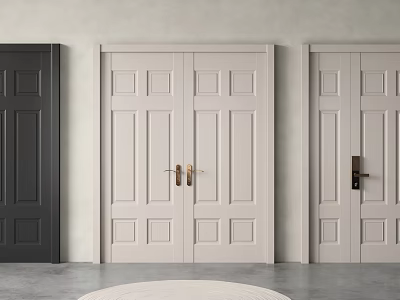 White Double Doors with Panel Design Golden Black Handles Light Gray Walls Gray Flooring 3d model