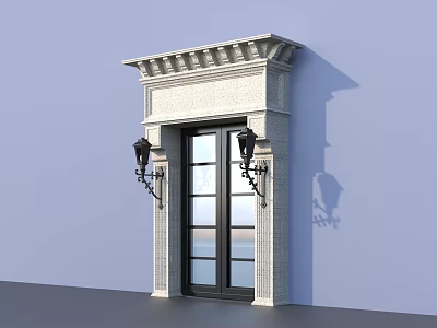 Elegant Architectural Door With Stone Frame Glass Panels And Black Wall Lamps 3d model