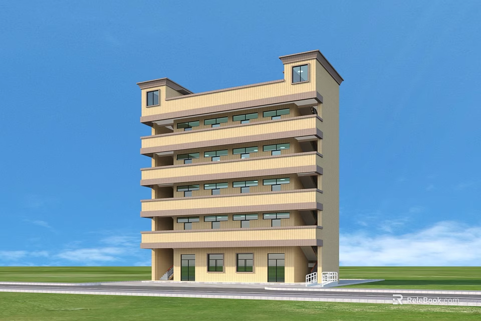 Multi Story Yellow Exterior Residential Building With Windows And Ground Floor Entrance 3d model 