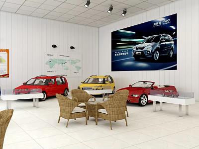 Car Model Showroom With Red Yellow Models Glass Display Cases Wall Map And Wicker Chairs 3d model