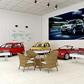 Car Model Showroom With Red Yellow Models Glass Display Cases Wall Map And Wicker Chairs