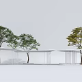 Modern Curved Pergola Design with White Structure Trees and Wooden Floor in Landscape