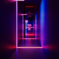 Vibrant Bar Interior With Neon Lights Laser Beams And Colorful Bar Stools