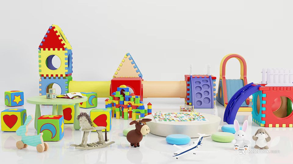 Colorful Kids Playground Equipment With Block Towers Slide Rocking Horse Climbing Frame And Mats 3d model 