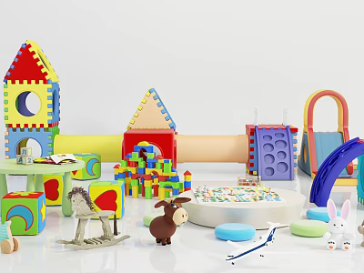 Colorful Kids Playground Equipment With Block Towers Slide Rocking Horse Climbing Frame And Mats 3d model