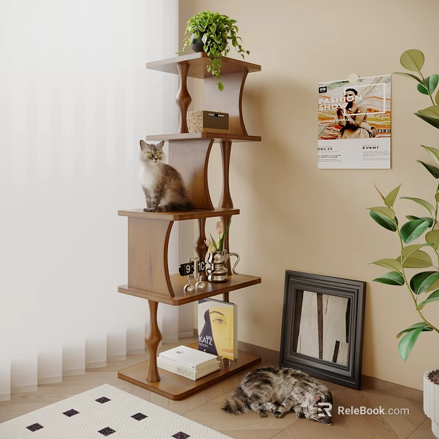 Wooden Multi Tiered Storage Shelf With Cat Sitting On And Plant Photo Frame In Living Room 3d model 