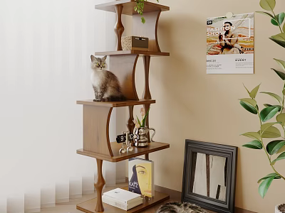 Wooden Multi Tiered Storage Shelf With Cat Sitting On And Plant Photo Frame In Living Room 3d model