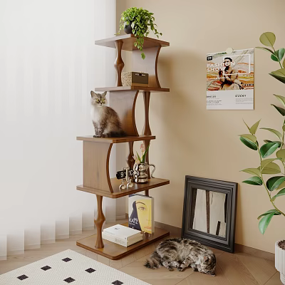 Wooden Multi Tiered Storage Shelf With Cat Sitting On And Plant Photo Frame In Living Room 3d model