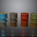Colorful Oil Barrels Featuring Decorative Patterns And Rusty Texture On Black Surface Gray Background