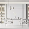 Modern Luxury Restaurant Interior With Chinese Feature Wall Pendant Lights Dining Table Chairs And Bookshelves