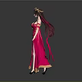 Woman In Red Long Dress With Golden Decorations Long Hair Headpiece And Flowing Ribbons