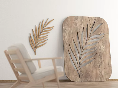 Leaf Silhouette Wall Art On Wooden Panel In Modern Room Interior With Chair 3d model