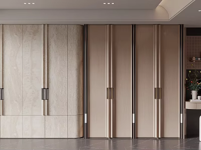 Modern Wardrobe Design With Wooden Panels Sliding Doors And Gold Handles 3d model