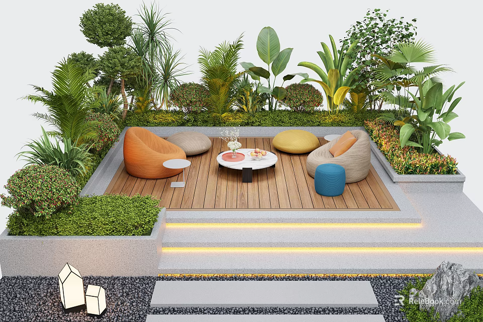 Lush Courtyard Garden With Wooden Deck Colorful Cushions Round Table And Stepped Lighting 3d model 