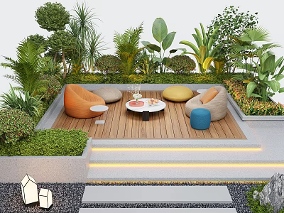 Lush Courtyard Garden With Wooden Deck Colorful Cushions Round Table And Stepped Lighting 3d model
