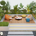 Lush Courtyard Garden With Wooden Deck Colorful Cushions Round Table And Stepped Lighting