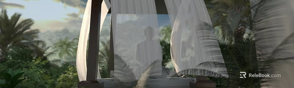 Serene Patio Garden View With White Sheer Curtains Silhouette And Green Plants 3d model 