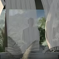 Serene Patio Garden View With White Sheer Curtains Silhouette And Green Plants
