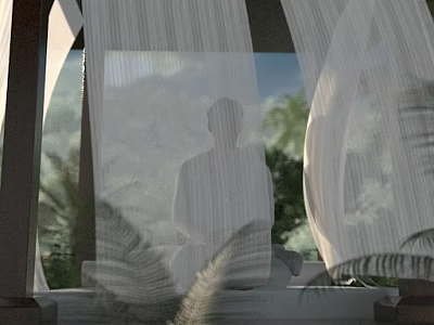 Serene Patio Garden View With White Sheer Curtains Silhouette And Green Plants 3d model