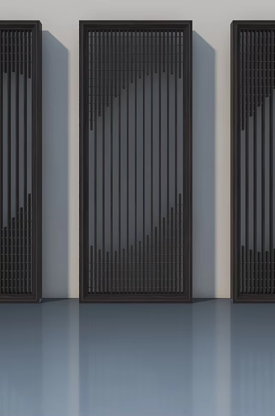Modern Black Hinged Doors With Vertical Slats Design Three In Row 3d model