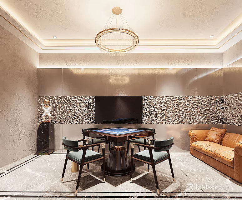 Luxurious Hotel Mahjong Room With Chandelier Pebble Stone Wall TV And Leather Sofa 3d model 