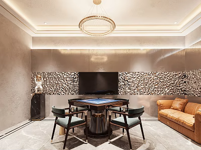 Luxurious Hotel Mahjong Room With Chandelier Pebble Stone Wall TV And Leather Sofa 3d model