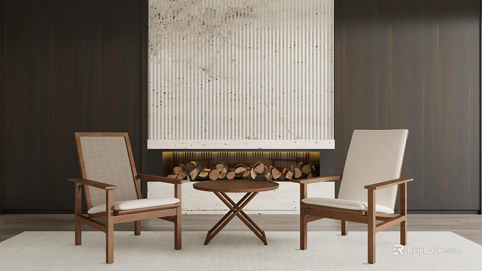 Modern Wooden Chairs Coffee Table Set With Light Colored Cushions Fireplace And Decorative Artwork 3d model 