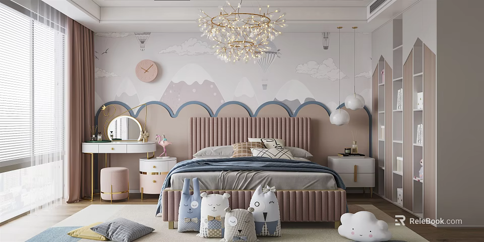 Cozy Kids Room Interior With Cloud Wallpaper Pink Headboard Bedside Tables And Stuffed Toys 3d model 