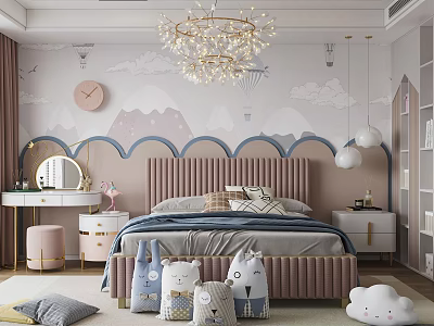 Cozy Kids Room Interior With Cloud Wallpaper Pink Headboard Bedside Tables And Stuffed Toys 3d model