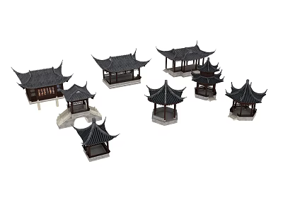Traditional Chinese Style Pavilion Models Featuring Decorative Roofs And Various Architectural Designs 3d model