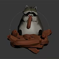 Playful Raccoon With Sausage In Mouth Sitting On Red Geometric Blocks