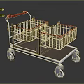 Stainless Steel Shopping Cart With Red Handle Two Baskets Bottom Tray And Wheels