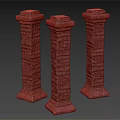 Three Textured Stone Columns With Square Bases And Decorative Tops 3d model