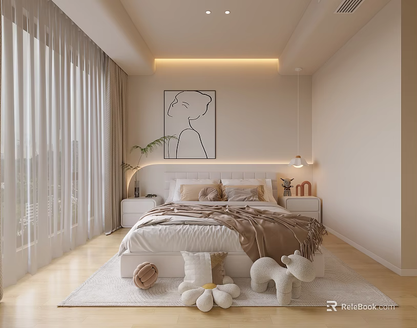 Modern Cozy Bedroom Interior With Upholstered Bed Artwork And Floor Curtains 3d model 