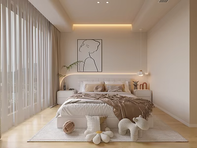 Modern Cozy Bedroom Interior With Upholstered Bed Artwork And Floor Curtains 3d model