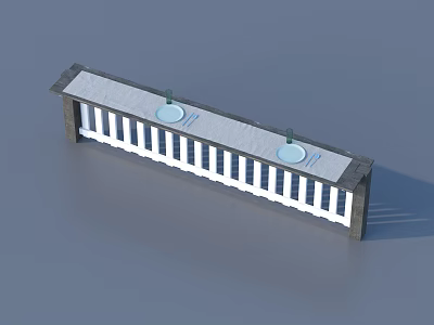 Long Railing Structure Featuring White Vertical Bars Gray Top Support Pillars And Two Circular Elements 3d model