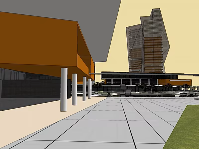 Orange Building With Modern High Rise And White Columns In Paved Plaza 3d model