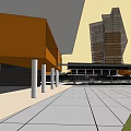 Orange Building With Modern High Rise And White Columns In Paved Plaza