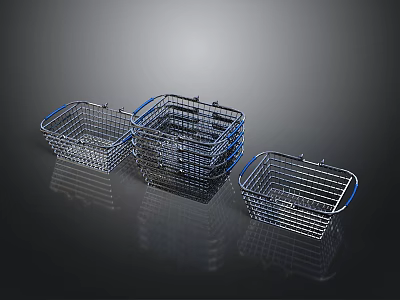 Modern Stainless Steel Wire Baskets With Blue Handles For Home Storage 3d model