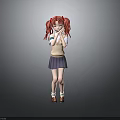 Anime Character With Red Pigtails White Top Dark Blue Skirt And Hands Covering Mouth