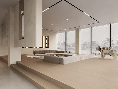 Modern Leisure Area Interior With Large Windows City View And Wooden Flooring 3d model