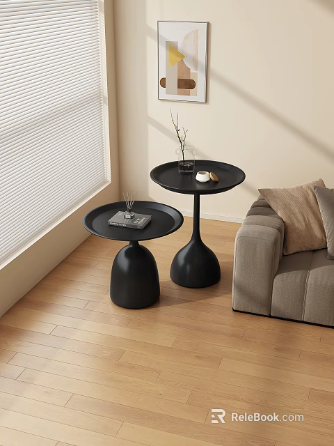 Black Side Tables With Round Top And Vase Base In Living Room With Sofa 3d model 